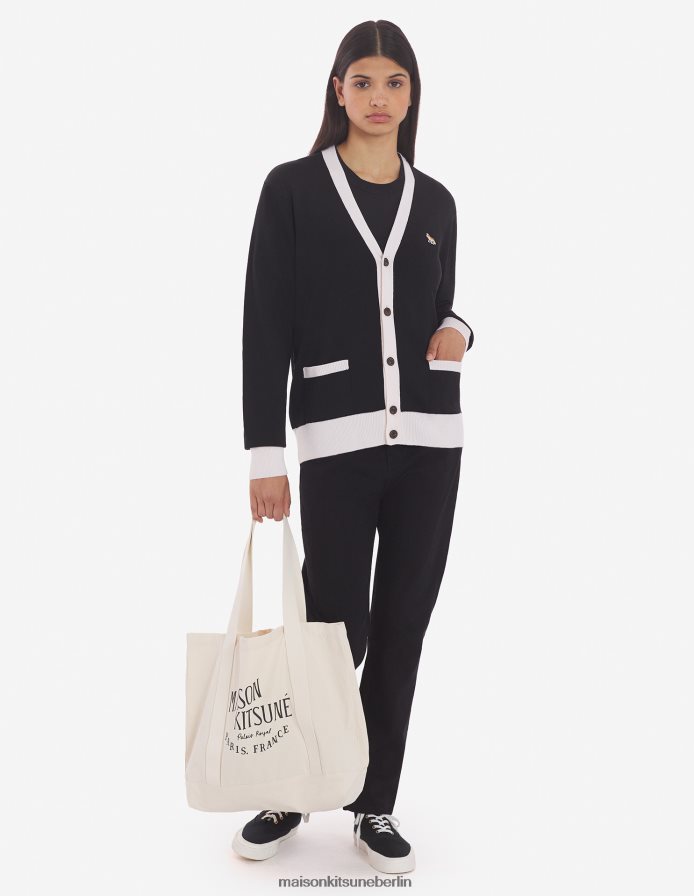 Kleidung V2DHL225 Schwarz Männer Zweifarbiger klassischer Cardigan mit Baby-Fuchs-Patch Maison Kitsune