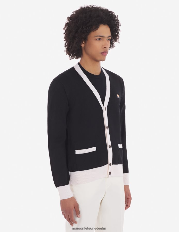 Kleidung V2DHL225 Schwarz Männer Zweifarbiger klassischer Cardigan mit Baby-Fuchs-Patch Maison Kitsune