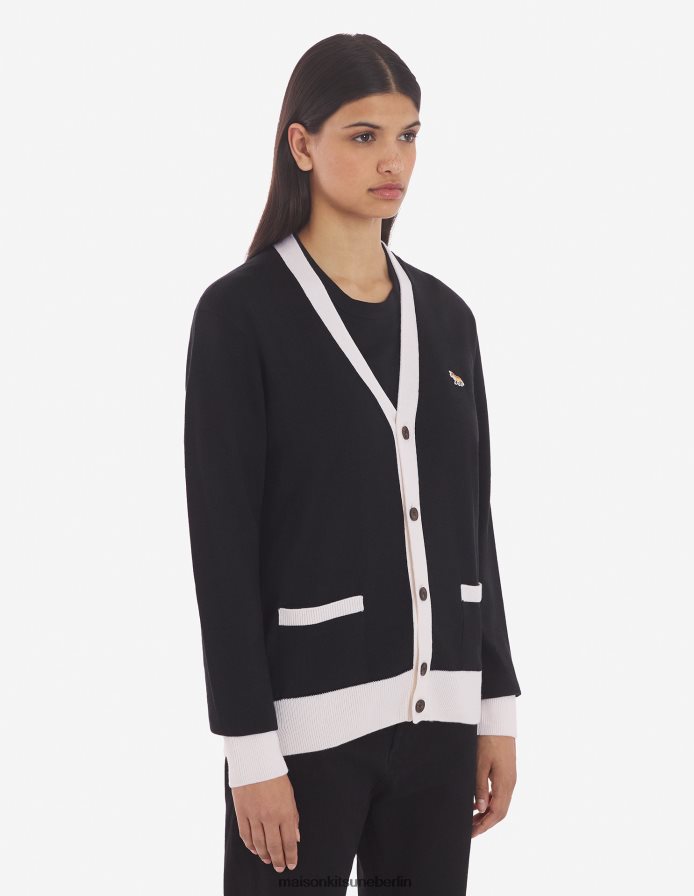 Kleidung V2DHL225 Schwarz Männer Zweifarbiger klassischer Cardigan mit Baby-Fuchs-Patch Maison Kitsune
