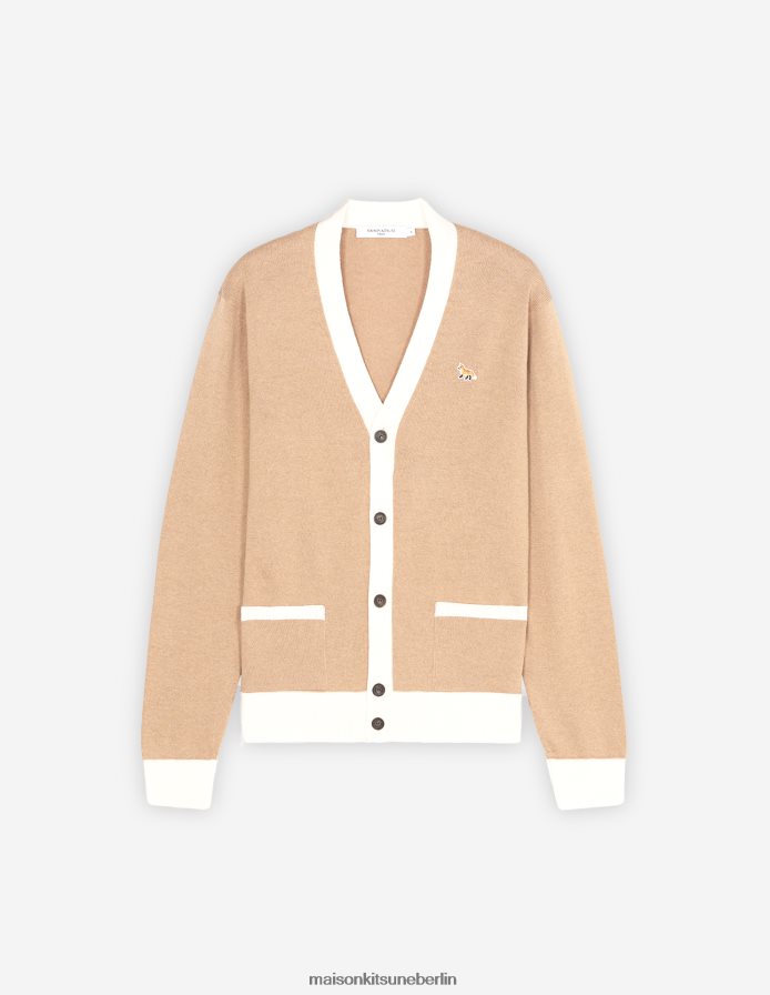 Kleidung V2DHL226 Beige Männer Zweifarbiger klassischer Cardigan mit Baby-Fuchs-Patch Maison Kitsune