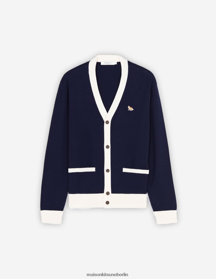 Kleidung V2DHL227 Marine Männer Zweifarbiger klassischer Cardigan mit Baby-Fuchs-Patch Maison Kitsune