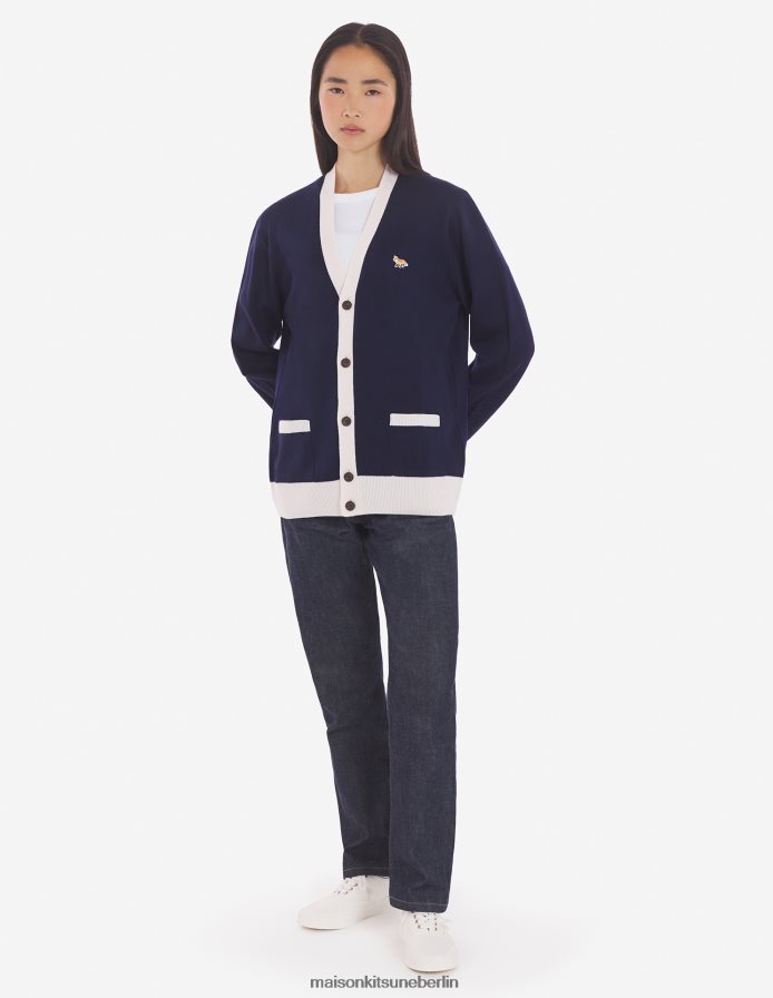 Kleidung V2DHL227 Marine Männer Zweifarbiger klassischer Cardigan mit Baby-Fuchs-Patch Maison Kitsune