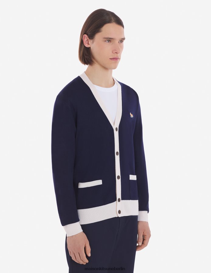Kleidung V2DHL227 Marine Männer Zweifarbiger klassischer Cardigan mit Baby-Fuchs-Patch Maison Kitsune