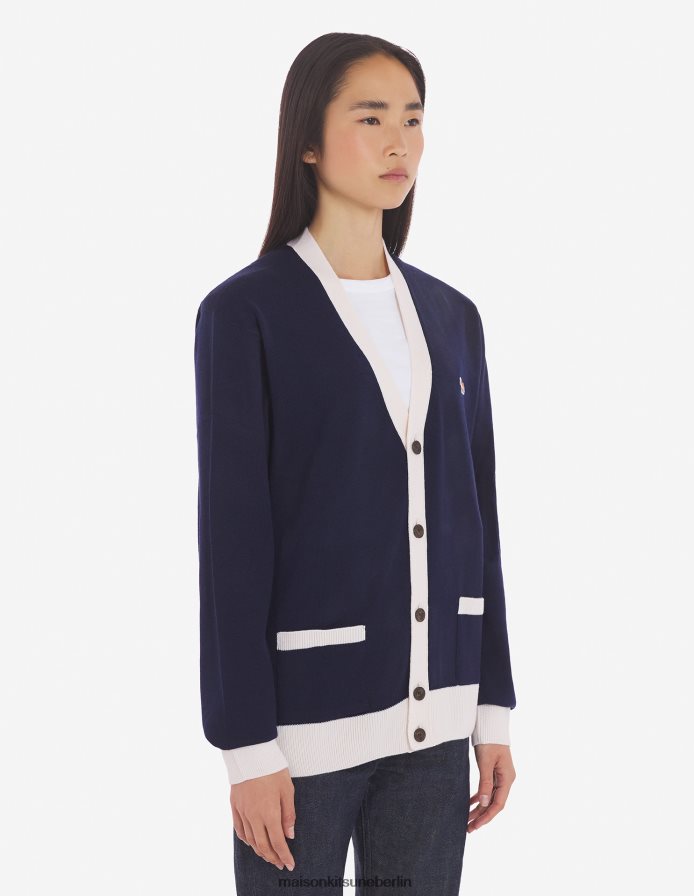 Kleidung V2DHL227 Marine Männer Zweifarbiger klassischer Cardigan mit Baby-Fuchs-Patch Maison Kitsune