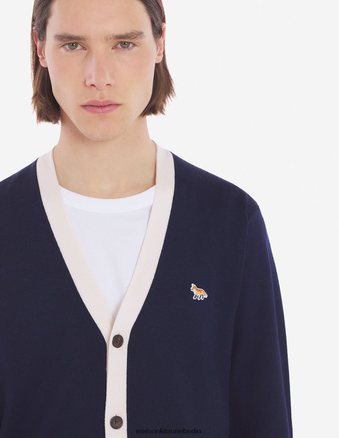 Kleidung V2DHL227 Marine Männer Zweifarbiger klassischer Cardigan mit Baby-Fuchs-Patch Maison Kitsune