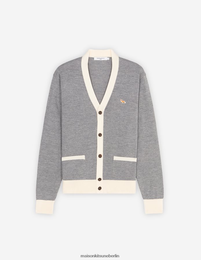 Kleidung V2DHL228 graue Melange Männer Zweifarbiger klassischer Cardigan mit Baby-Fuchs-Patch Maison Kitsune