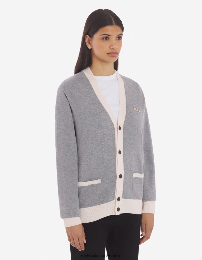 Kleidung V2DHL228 graue Melange Männer Zweifarbiger klassischer Cardigan mit Baby-Fuchs-Patch Maison Kitsune