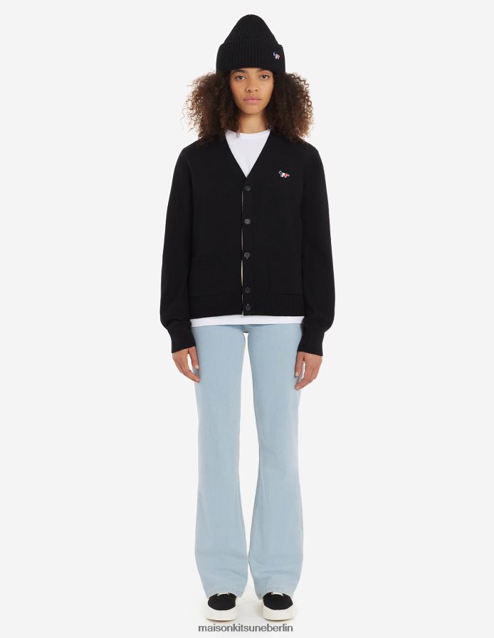 Kleidung V2DHL229 Schwarz Männer Klassischer Cardigan mit dreifarbigem Fuchs-Patch Maison Kitsune