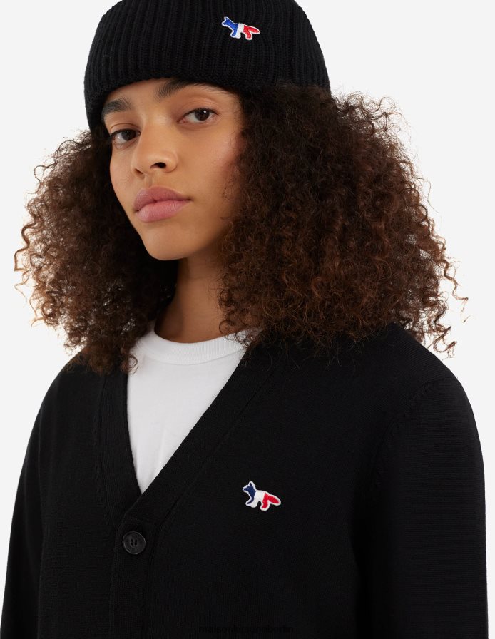 Kleidung V2DHL229 Schwarz Männer Klassischer Cardigan mit dreifarbigem Fuchs-Patch Maison Kitsune
