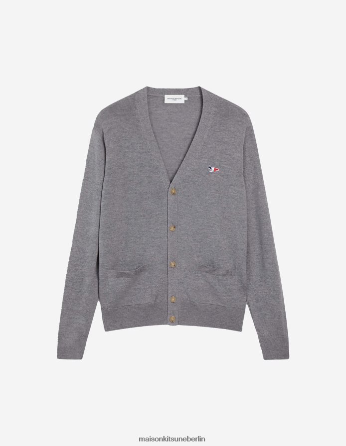 Kleidung V2DHL230 graue Melange Männer Klassischer Cardigan mit dreifarbigem Fuchs-Patch Maison Kitsune