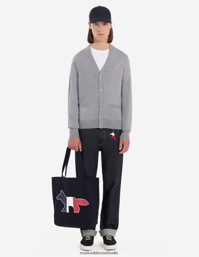 Kleidung V2DHL230 graue Melange Männer Klassischer Cardigan mit dreifarbigem Fuchs-Patch Maison Kitsune