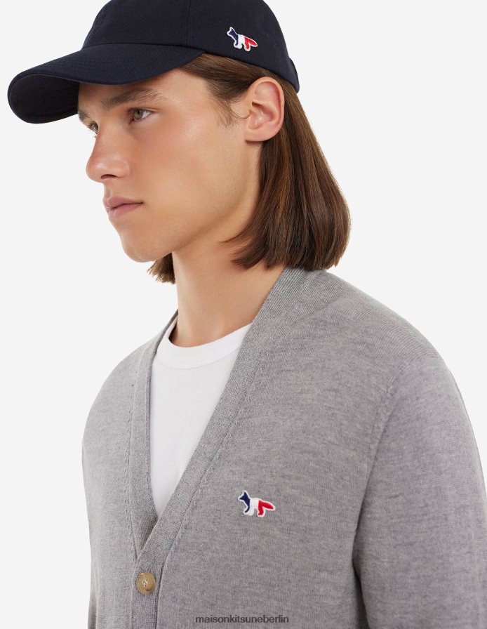Kleidung V2DHL230 graue Melange Männer Klassischer Cardigan mit dreifarbigem Fuchs-Patch Maison Kitsune