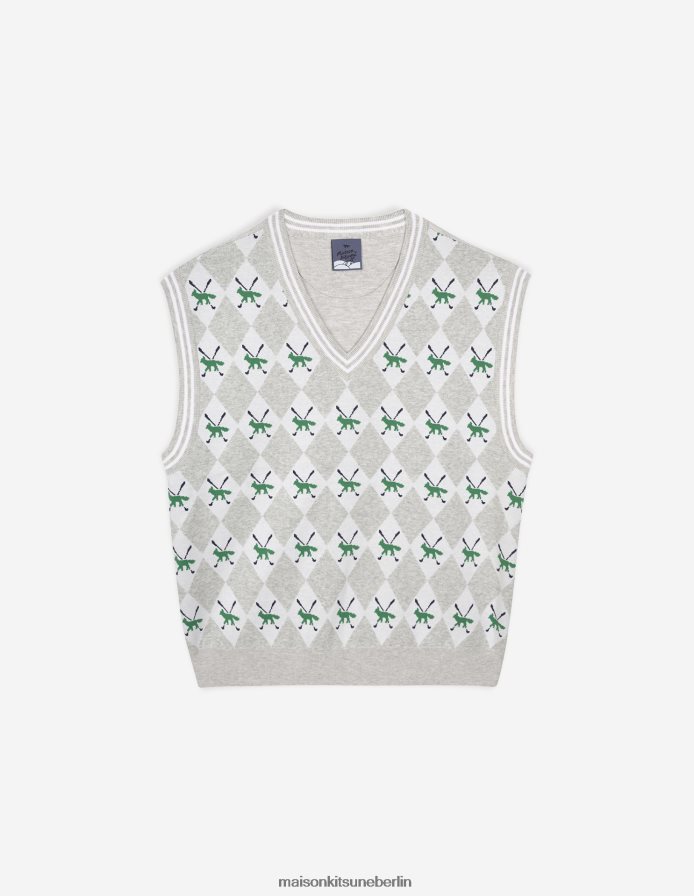 Kleidung V2DHL231 graue Melange Männer Profilfuchs-Argyle-Weste Maison Kitsune