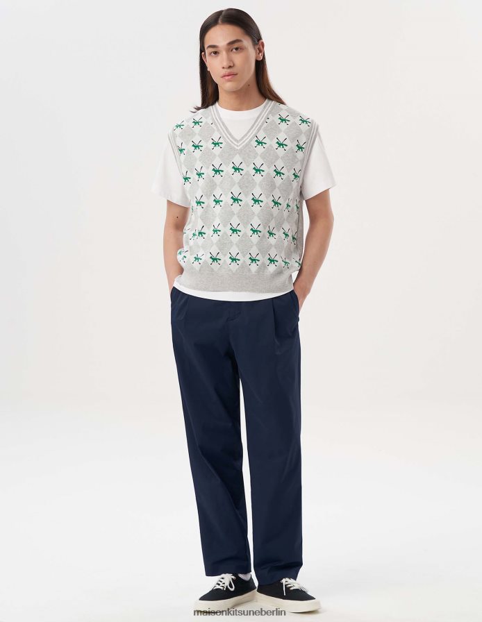 Kleidung V2DHL231 graue Melange Männer Profilfuchs-Argyle-Weste Maison Kitsune