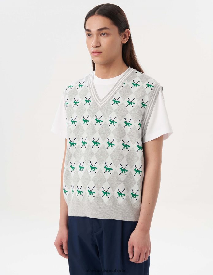 Kleidung V2DHL231 graue Melange Männer Profilfuchs-Argyle-Weste Maison Kitsune