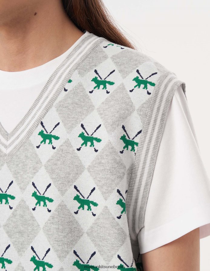 Kleidung V2DHL231 graue Melange Männer Profilfuchs-Argyle-Weste Maison Kitsune