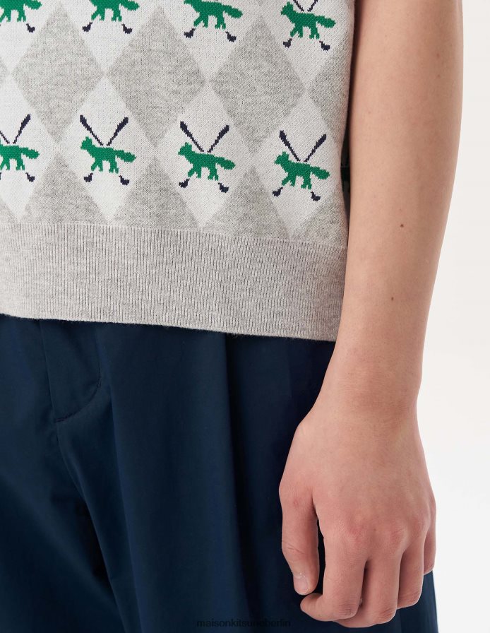 Kleidung V2DHL231 graue Melange Männer Profilfuchs-Argyle-Weste Maison Kitsune