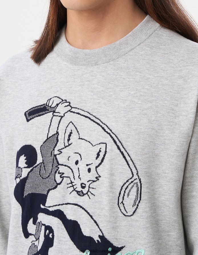 Kleidung V2DHL233 graue Melange Männer Swing Fox Pullover Maison Kitsune