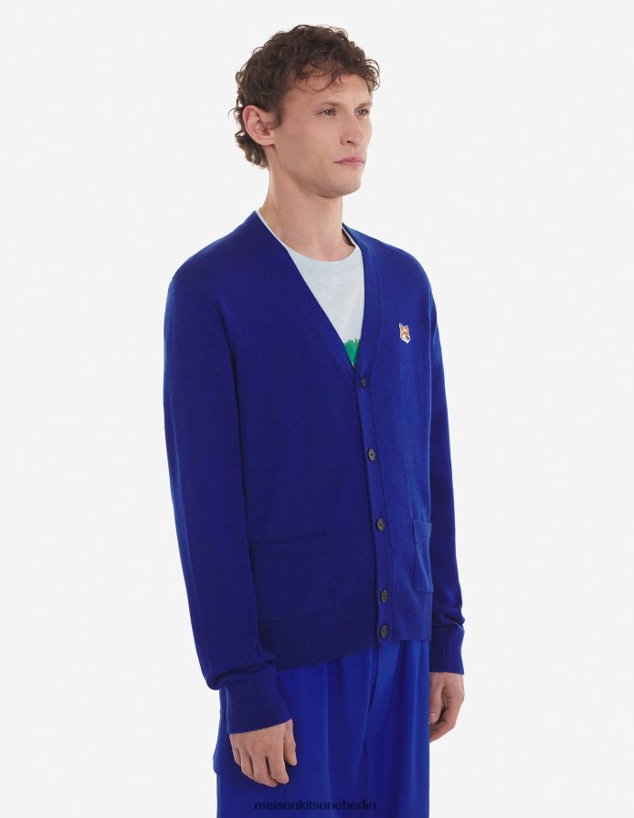 Kleidung V2DHL235 tiefes Blau Männer Klassischer Cardigan mit Fuchskopf-Patch Maison Kitsune