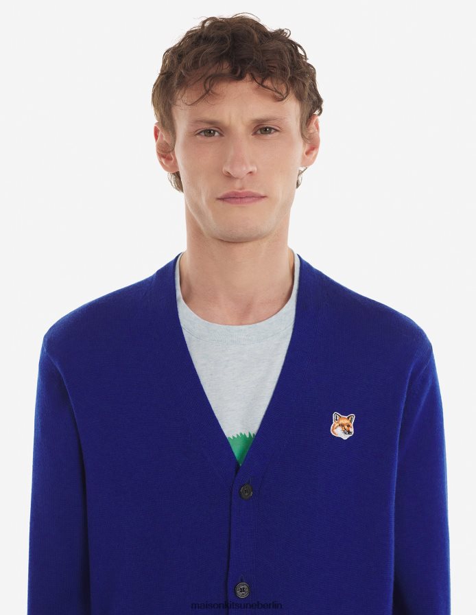 Kleidung V2DHL235 tiefes Blau Männer Klassischer Cardigan mit Fuchskopf-Patch Maison Kitsune