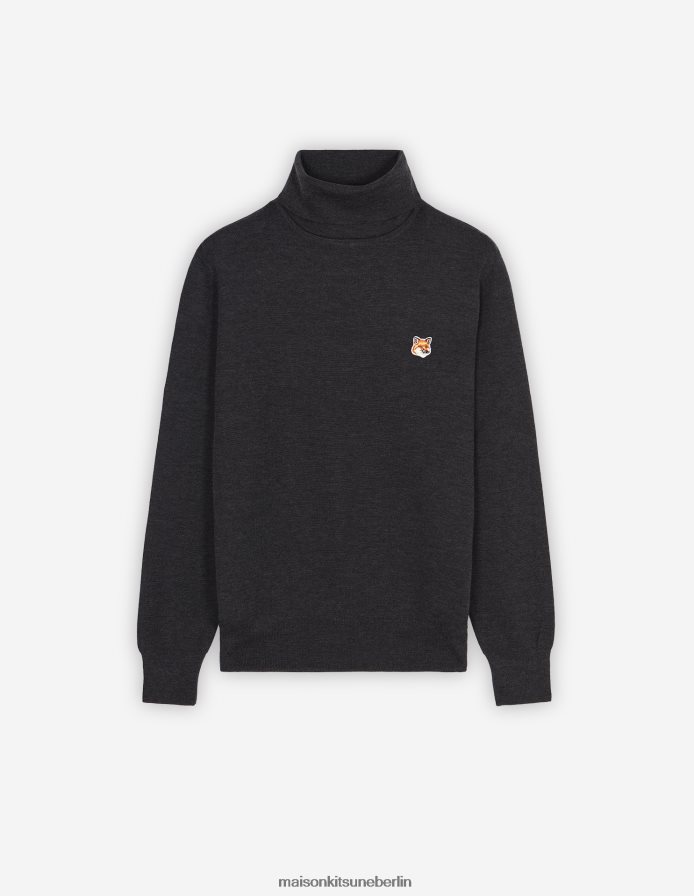 Kleidung V2DHL236 Anthrazit-Melange Männer Rollkragenpullover mit Fuchskopf-Patch Maison Kitsune
