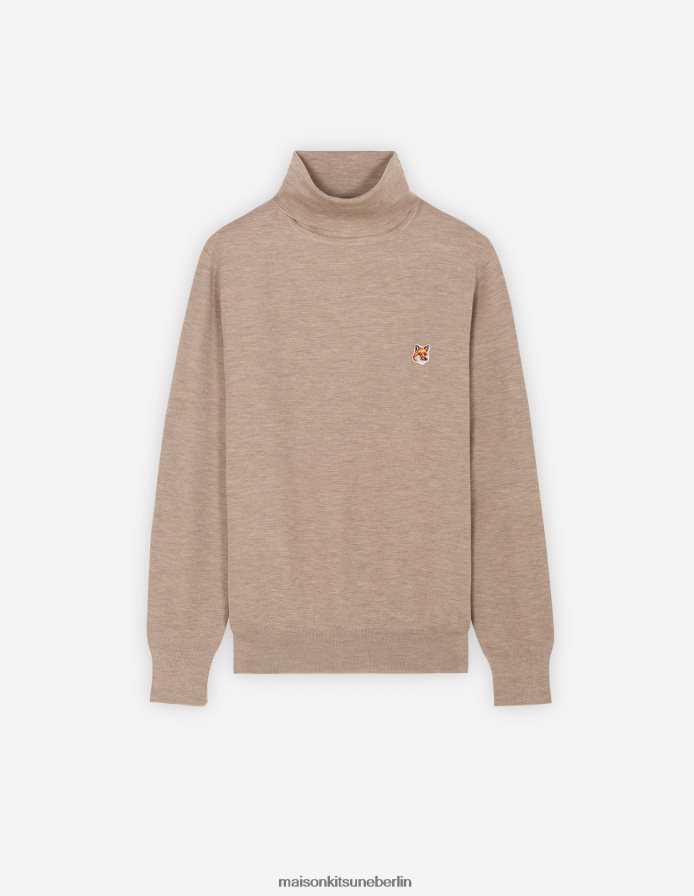 Kleidung V2DHL239 Beige-Melange Männer Rollkragenpullover mit Fuchskopf-Patch Maison Kitsune