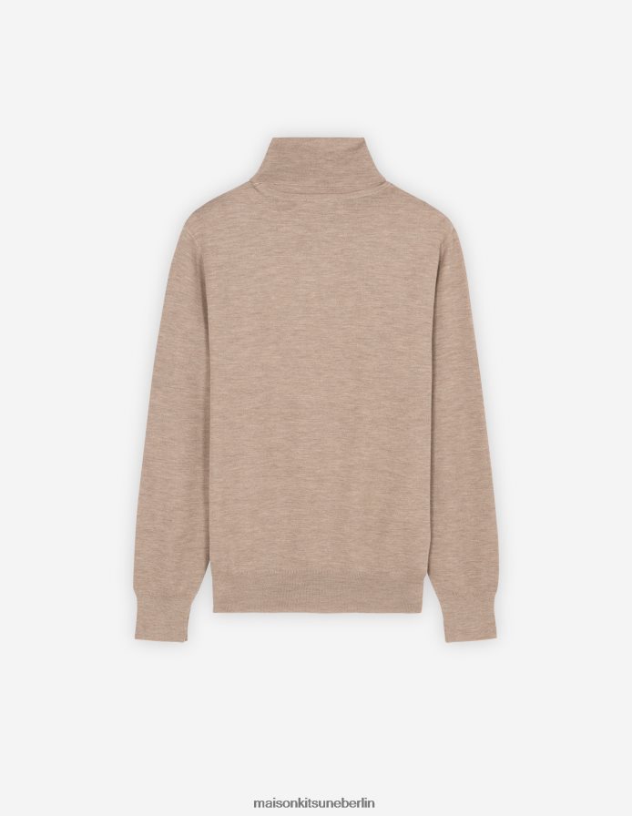 Kleidung V2DHL239 Beige-Melange Männer Rollkragenpullover mit Fuchskopf-Patch Maison Kitsune