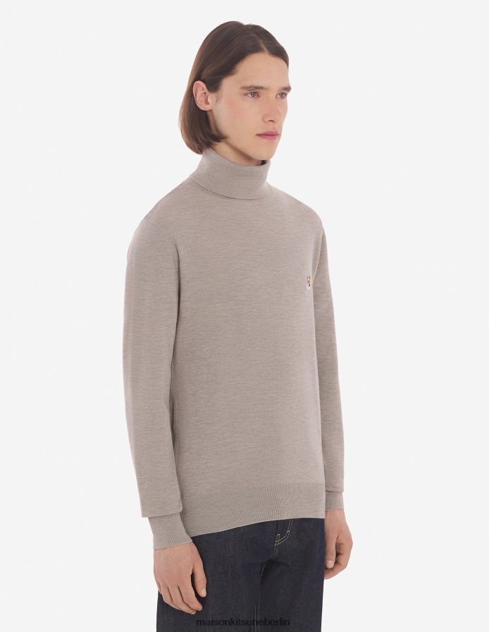 Kleidung V2DHL239 Beige-Melange Männer Rollkragenpullover mit Fuchskopf-Patch Maison Kitsune