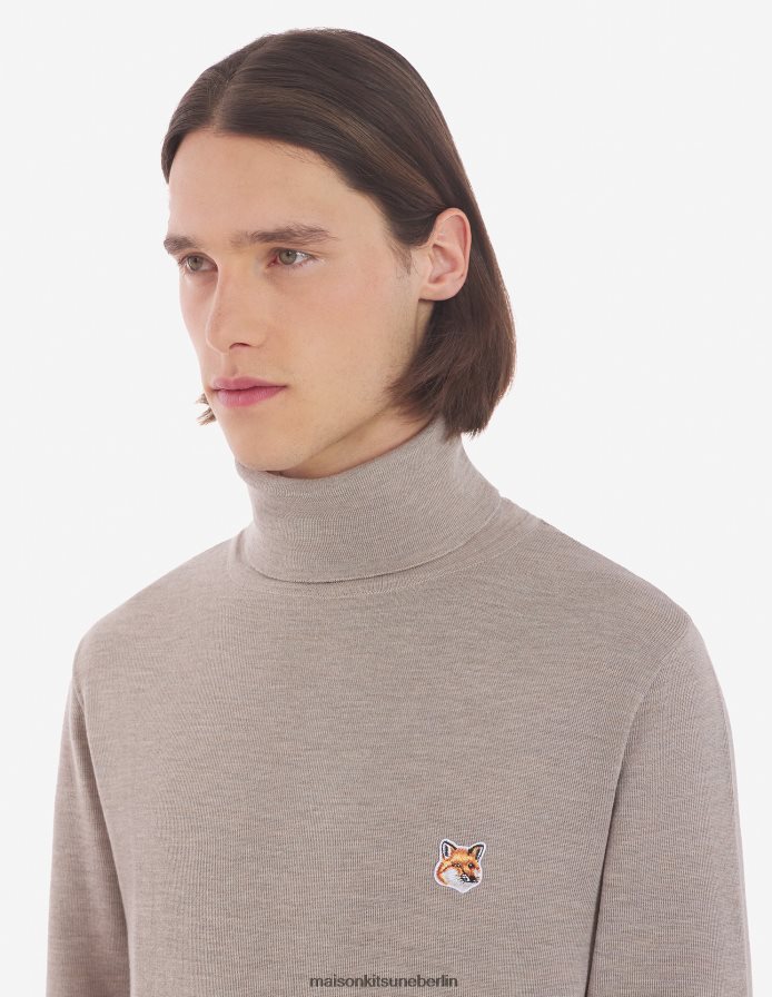 Kleidung V2DHL239 Beige-Melange Männer Rollkragenpullover mit Fuchskopf-Patch Maison Kitsune