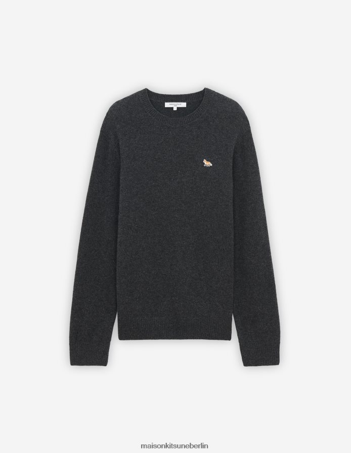 Kleidung V2DHL240 dunkelgrau meliert Männer Kuscheliger Baby-Fuchs-Patch-Pullover mit R-Ausschnitt Maison Kitsune