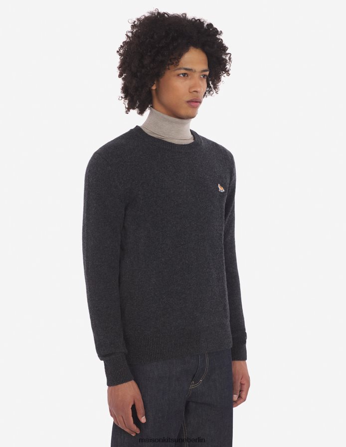 Kleidung V2DHL240 dunkelgrau meliert Männer Kuscheliger Baby-Fuchs-Patch-Pullover mit R-Ausschnitt Maison Kitsune