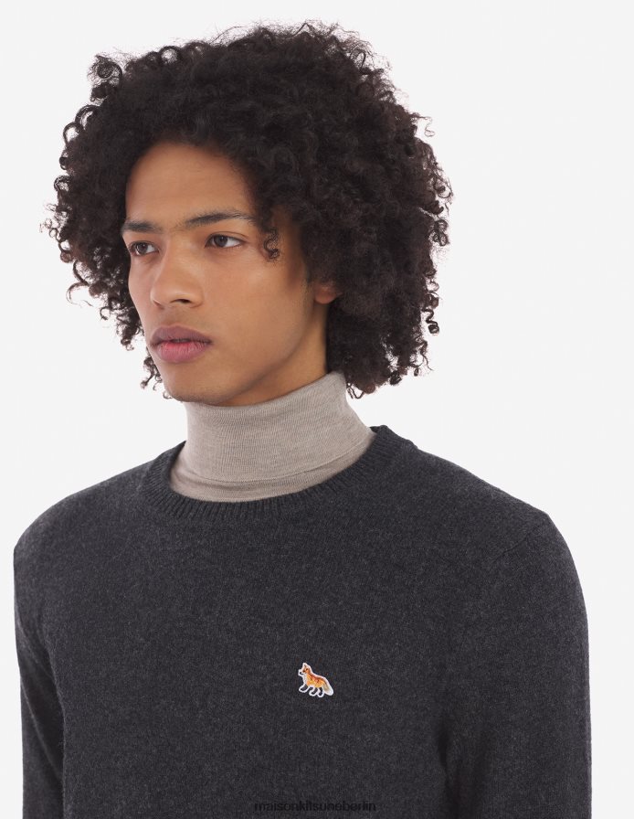 Kleidung V2DHL240 dunkelgrau meliert Männer Kuscheliger Baby-Fuchs-Patch-Pullover mit R-Ausschnitt Maison Kitsune