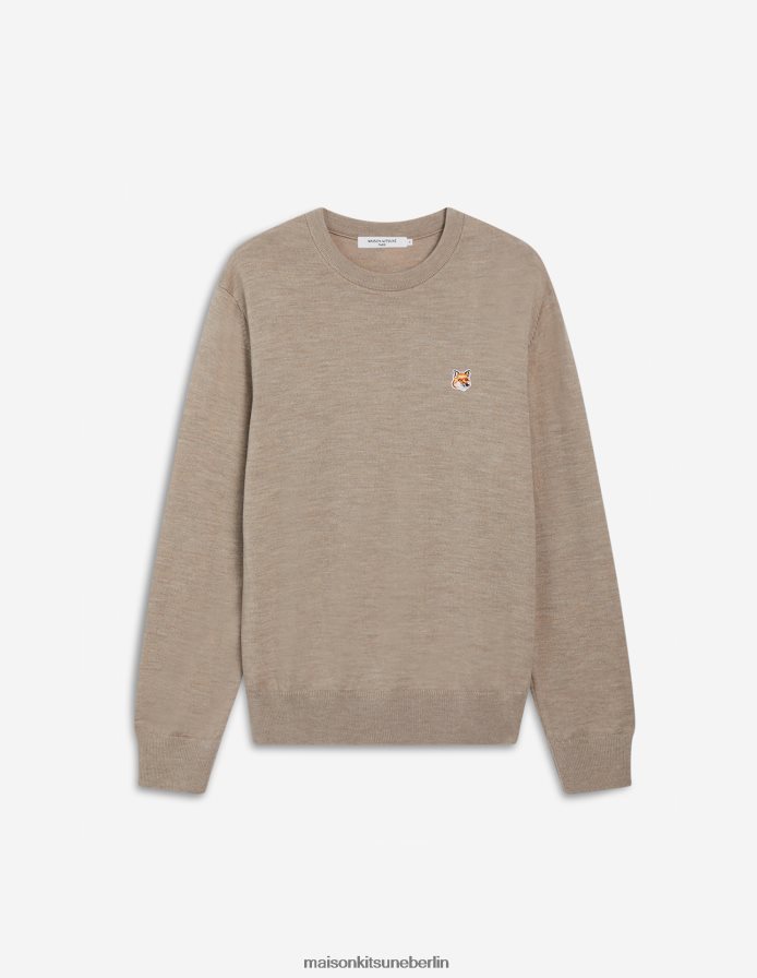 Kleidung V2DHL243 Beige-Melange Männer Pullover mit normalem R-Ausschnitt und Fuchskopf-Patch Maison Kitsune