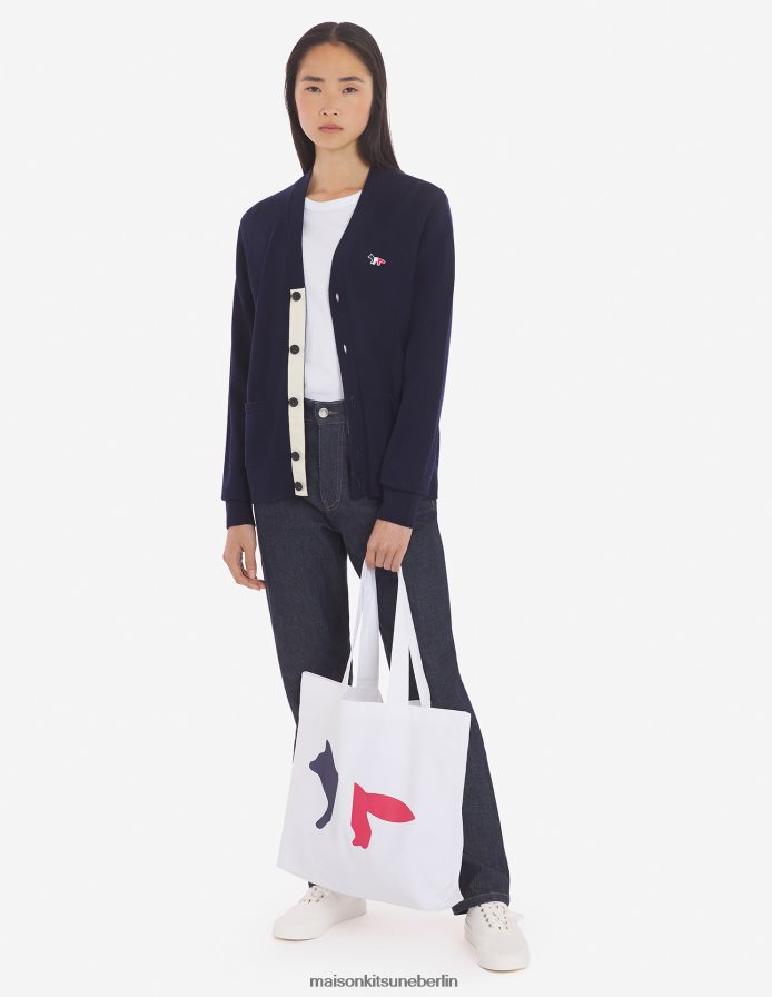 Kleidung V2DHL244 Marine Männer Klassischer Cardigan mit dreifarbigem Fuchs-Patch Maison Kitsune