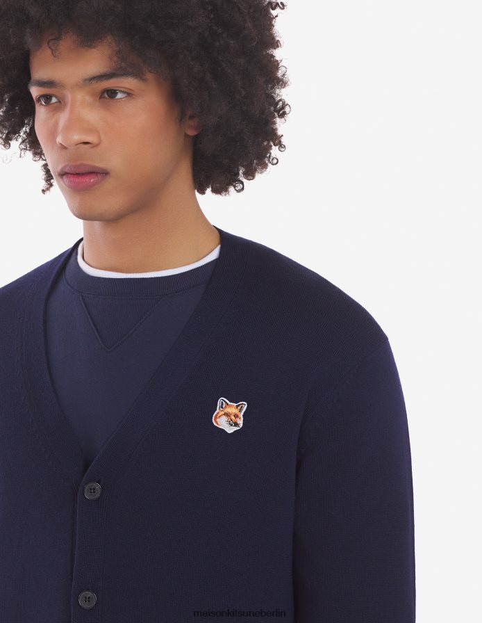 Kleidung V2DHL245 Marine Männer Klassischer Cardigan mit Fuchskopf-Patch Maison Kitsune