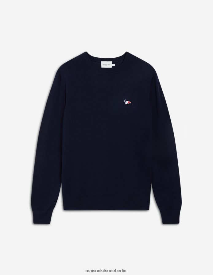Kleidung V2DHL246 Marine Männer Klassischer Pullover mit dreifarbigem Fuchs-Patch und R-Ausschnitt Maison Kitsune