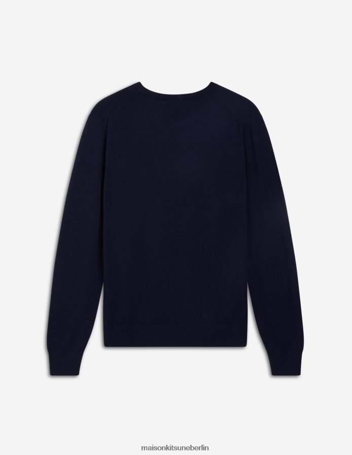 Kleidung V2DHL246 Marine Männer Klassischer Pullover mit dreifarbigem Fuchs-Patch und R-Ausschnitt Maison Kitsune