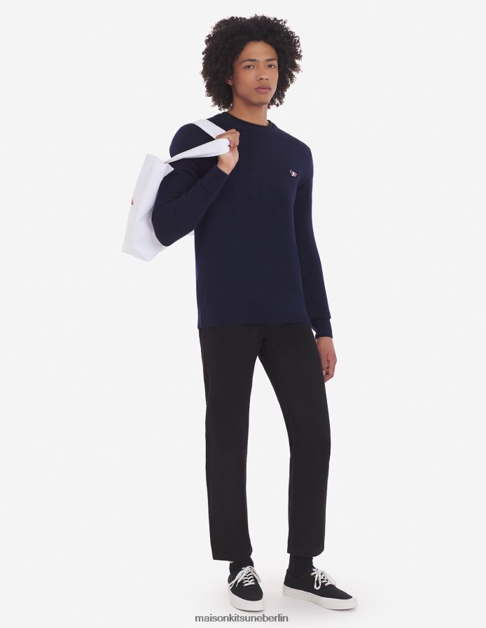 Kleidung V2DHL246 Marine Männer Klassischer Pullover mit dreifarbigem Fuchs-Patch und R-Ausschnitt Maison Kitsune