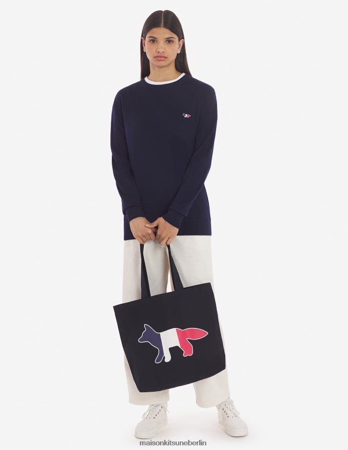 Kleidung V2DHL246 Marine Männer Klassischer Pullover mit dreifarbigem Fuchs-Patch und R-Ausschnitt Maison Kitsune