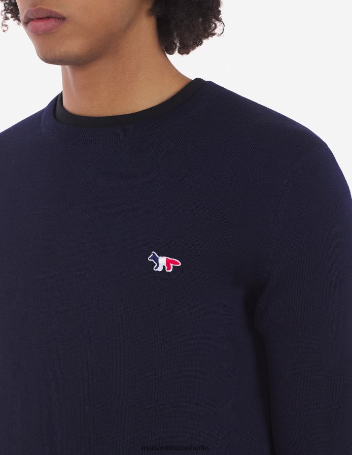 Kleidung V2DHL246 Marine Männer Klassischer Pullover mit dreifarbigem Fuchs-Patch und R-Ausschnitt Maison Kitsune