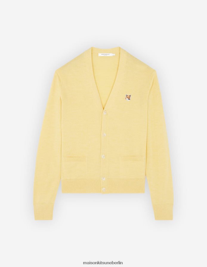 Kleidung V2DHL247 sanftes Gelb Männer Klassischer Cardigan mit Fuchskopf-Patch Maison Kitsune