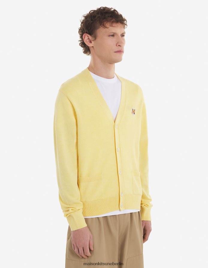 Kleidung V2DHL247 sanftes Gelb Männer Klassischer Cardigan mit Fuchskopf-Patch Maison Kitsune