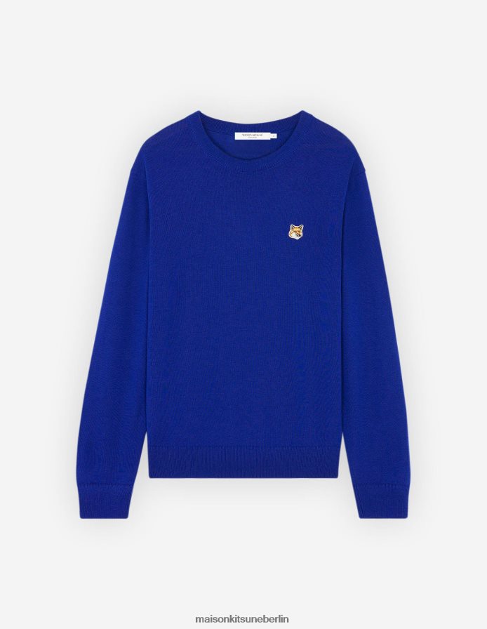Kleidung V2DHL248 tiefes Blau Männer Pullover mit normalem R-Ausschnitt und Fuchskopf-Patch Maison Kitsune