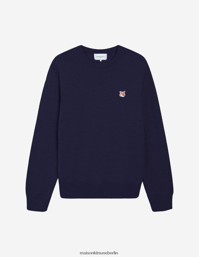 Kleidung V2DHL250 Marine Männer Pullover mit normalem R-Ausschnitt und Fuchskopf-Patch Maison Kitsune
