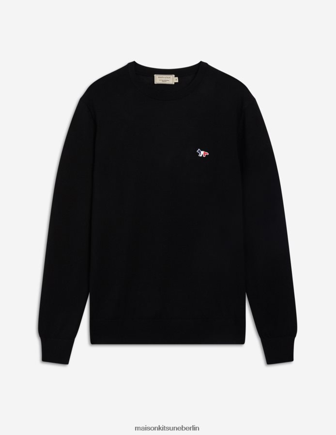 Kleidung V2DHL252 Schwarz Männer Klassischer Pullover mit dreifarbigem Fuchs-Patch und R-Ausschnitt Maison Kitsune