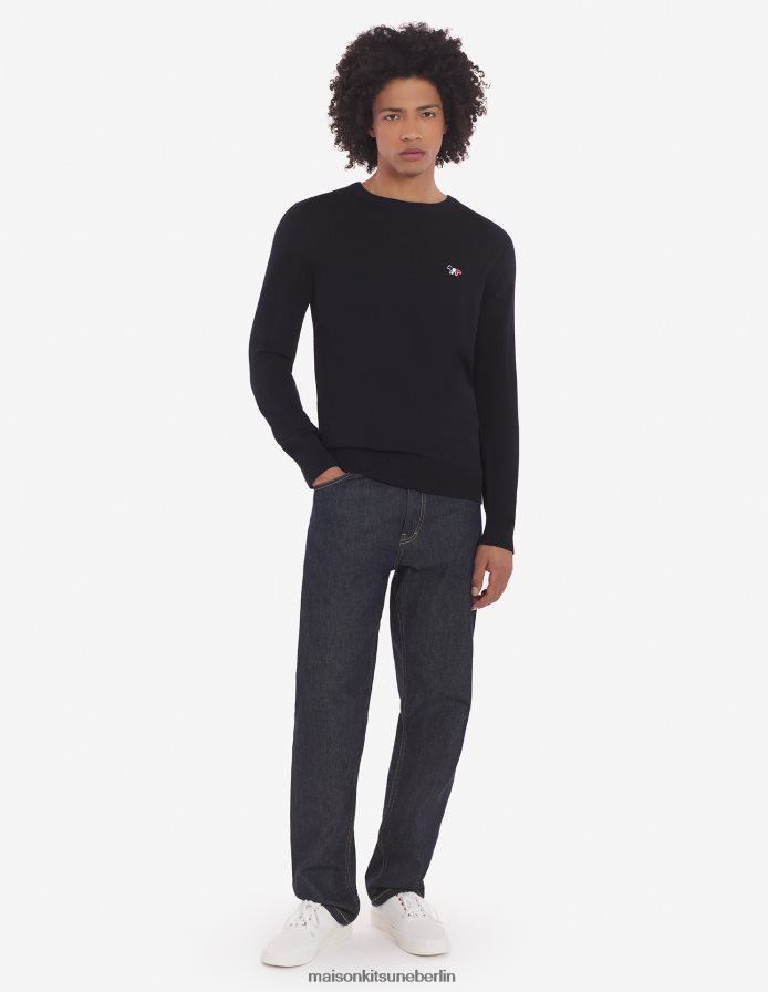 Kleidung V2DHL252 Schwarz Männer Klassischer Pullover mit dreifarbigem Fuchs-Patch und R-Ausschnitt Maison Kitsune