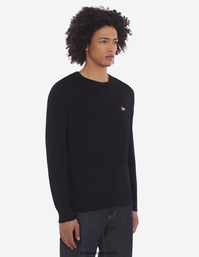 Kleidung V2DHL252 Schwarz Männer Klassischer Pullover mit dreifarbigem Fuchs-Patch und R-Ausschnitt Maison Kitsune