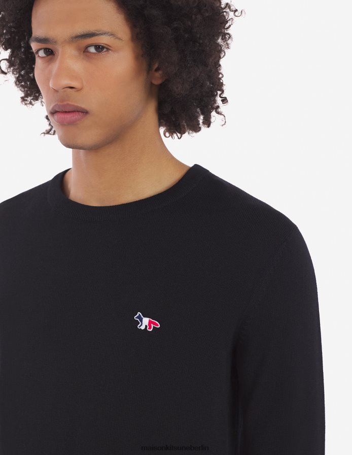 Kleidung V2DHL252 Schwarz Männer Klassischer Pullover mit dreifarbigem Fuchs-Patch und R-Ausschnitt Maison Kitsune