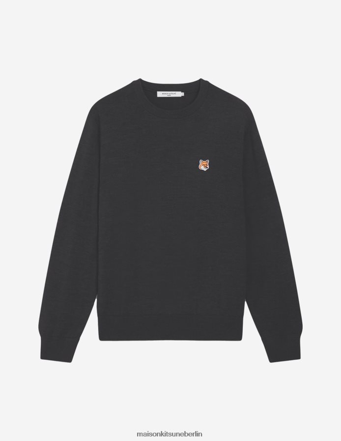 Kleidung V2DHL254 Anthrazit-Melange Männer Pullover mit normalem R-Ausschnitt und Fuchskopf-Patch Maison Kitsune