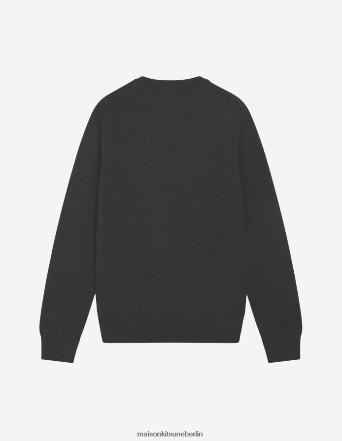 Kleidung V2DHL254 Anthrazit-Melange Männer Pullover mit normalem R-Ausschnitt und Fuchskopf-Patch Maison Kitsune